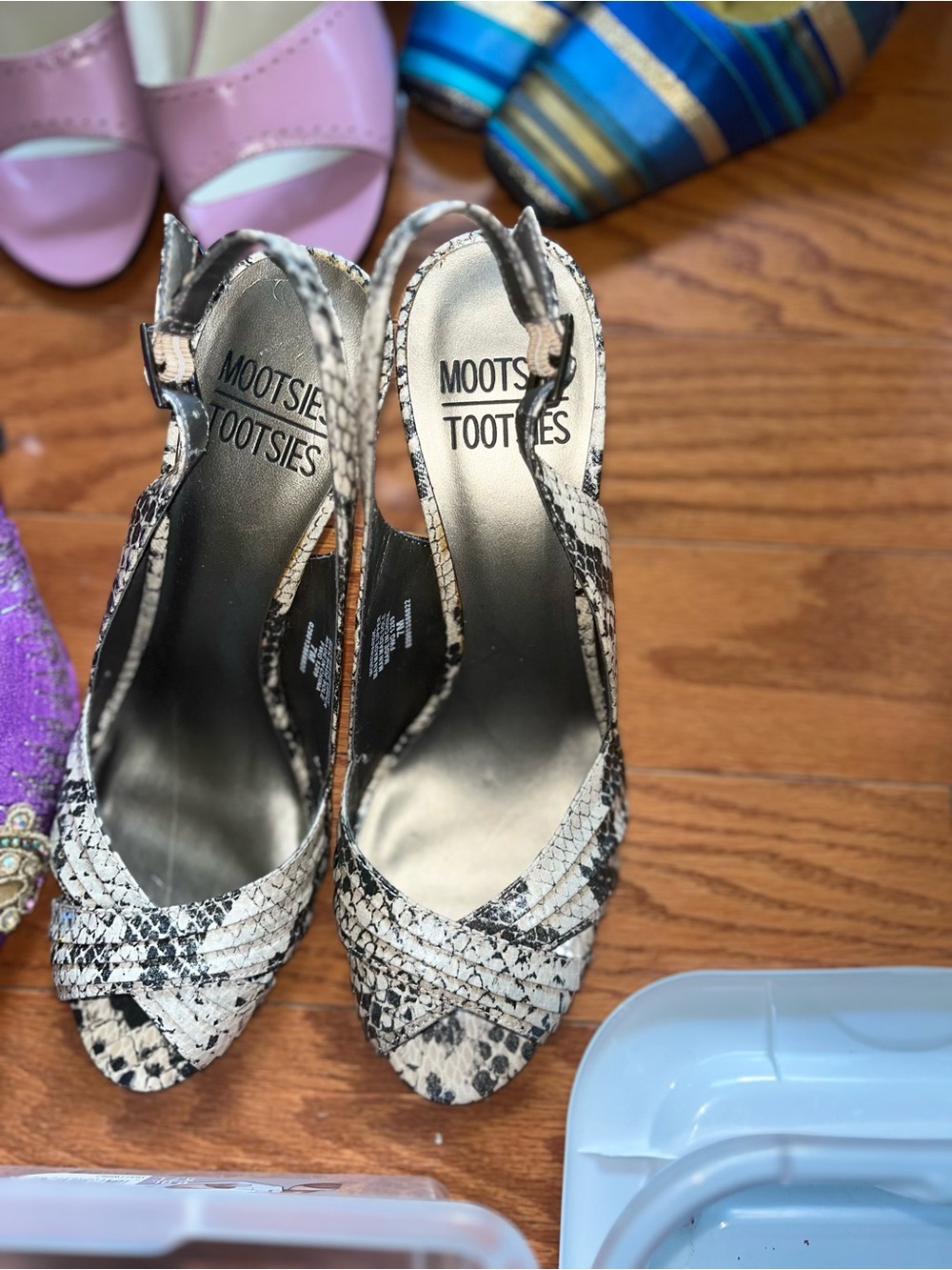 Mootsies Tootsies Black and White Snake-Print Slingback Heels